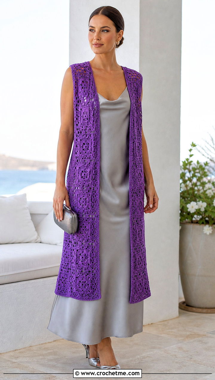 Longline Granny Square Open Vest With Slip Dress - 25 granny square open vest outfit ideas