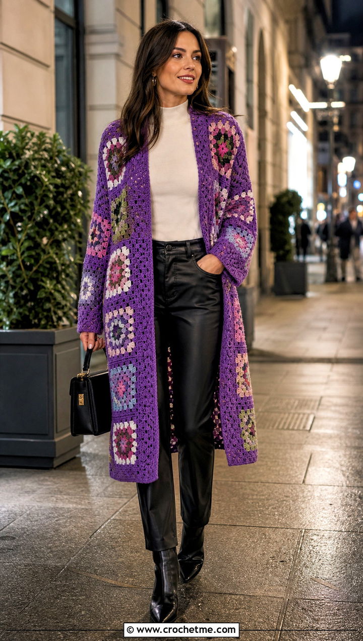 Longline Granny Square Patchwork Cardigan With Leather Pants - 30 Granny Square Patchwork Cardigan outfit ideas