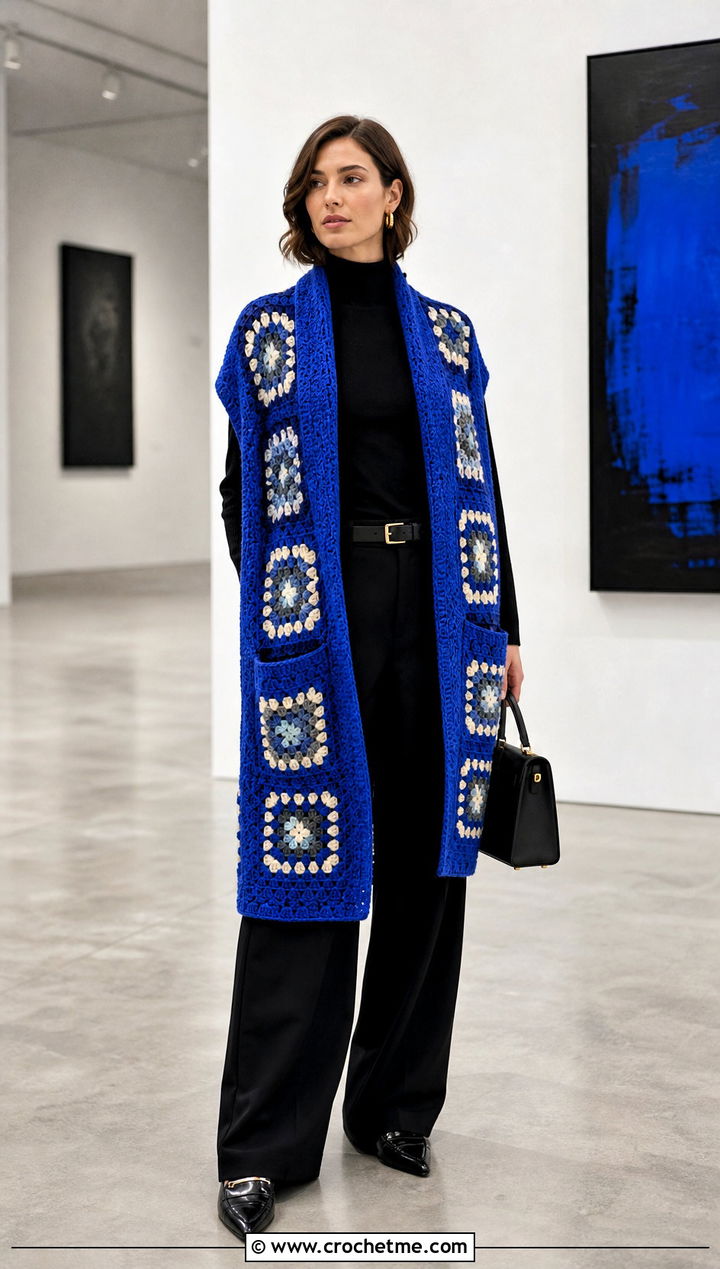 Longline Granny Square Pocket Shawl With Black Trousers - 20 Granny Square Pocket Shawl outfit ideas