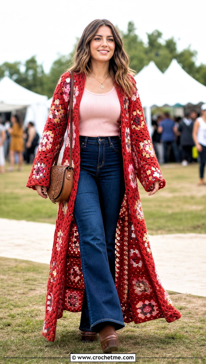 Longline Granny Square Poncho With Flared Jeans - 25 Granny Squares Poncho outfit ideas