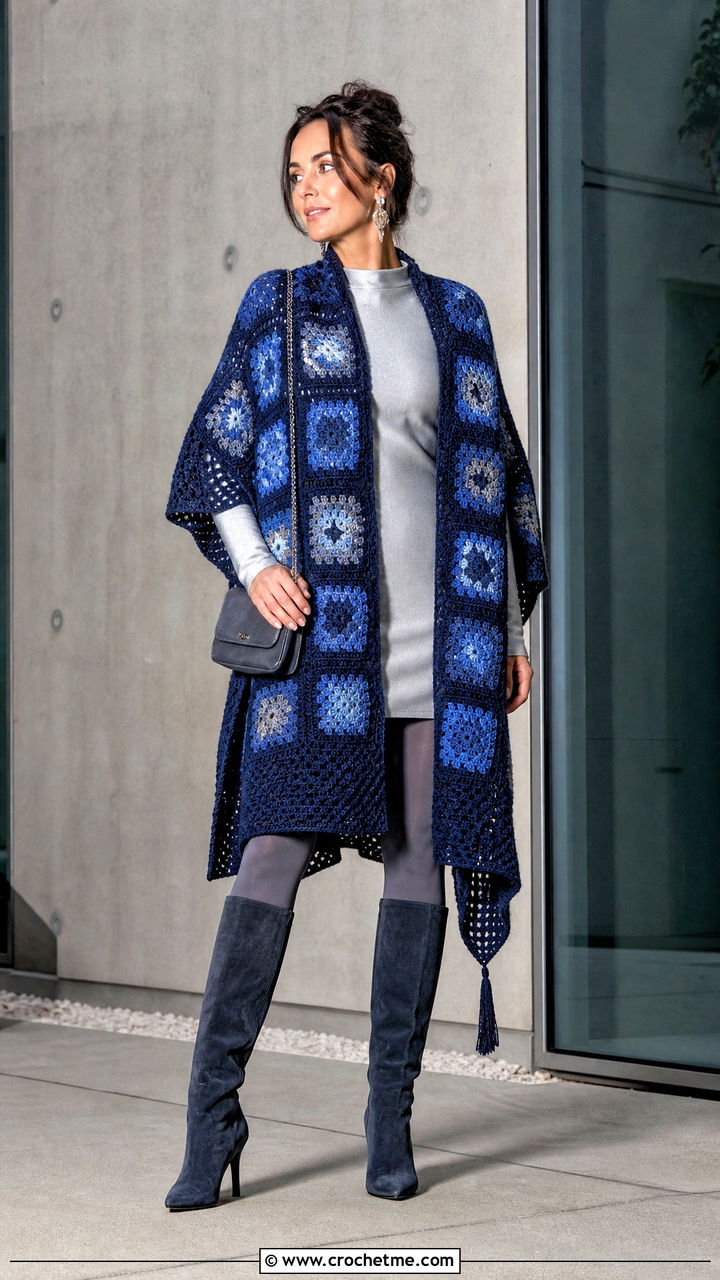 Longline Granny Square Poncho With Mini Dress - 35 crochet granny square poncho outfit ideas