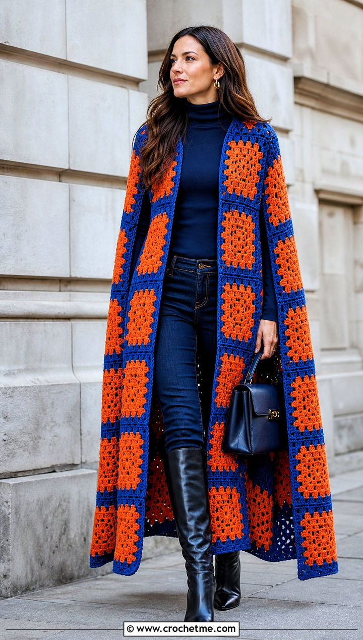 Longline Granny Square Poncho With Skinny Jeans - 35 granny square poncho outfit ideas