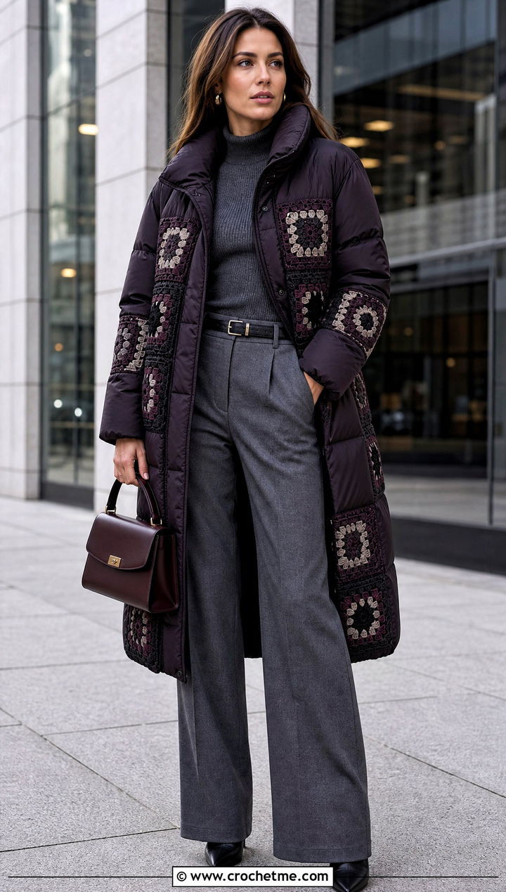 Longline Granny Square Puffer Jacket With Tailored Trousers - 15 granny square puffer jacket outfit ideas