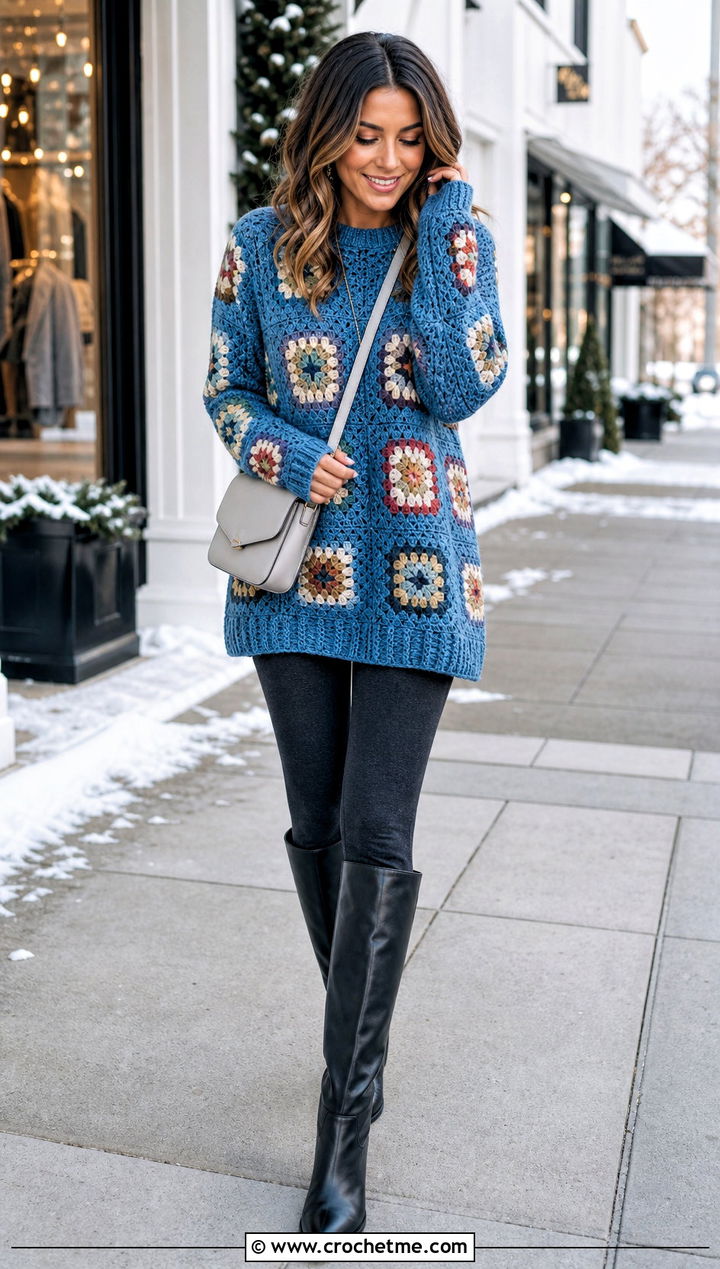 Longline Granny Square Pullover Sweater With Leggings And Knee Boots - 35 Granny Square Pullover Sweater outfit ideas