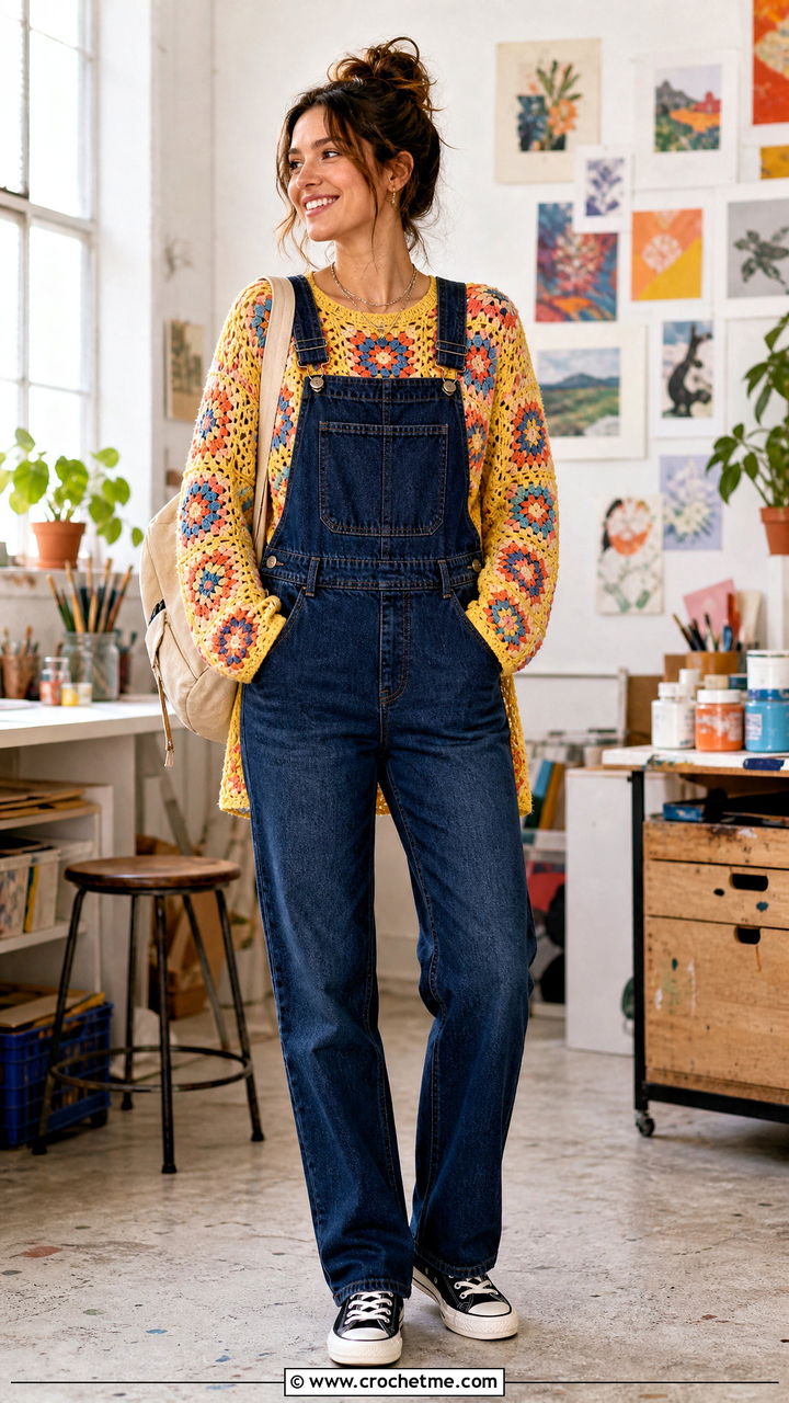 Longline Granny Square Pullover With Overalls - 35 crochet granny square pullover outfit ideas
