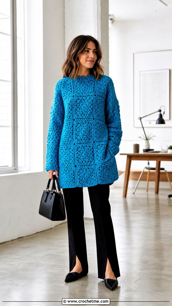 Longline Granny Square Pullover With Split Hem Pants - 35 granny square pullover outfit ideas