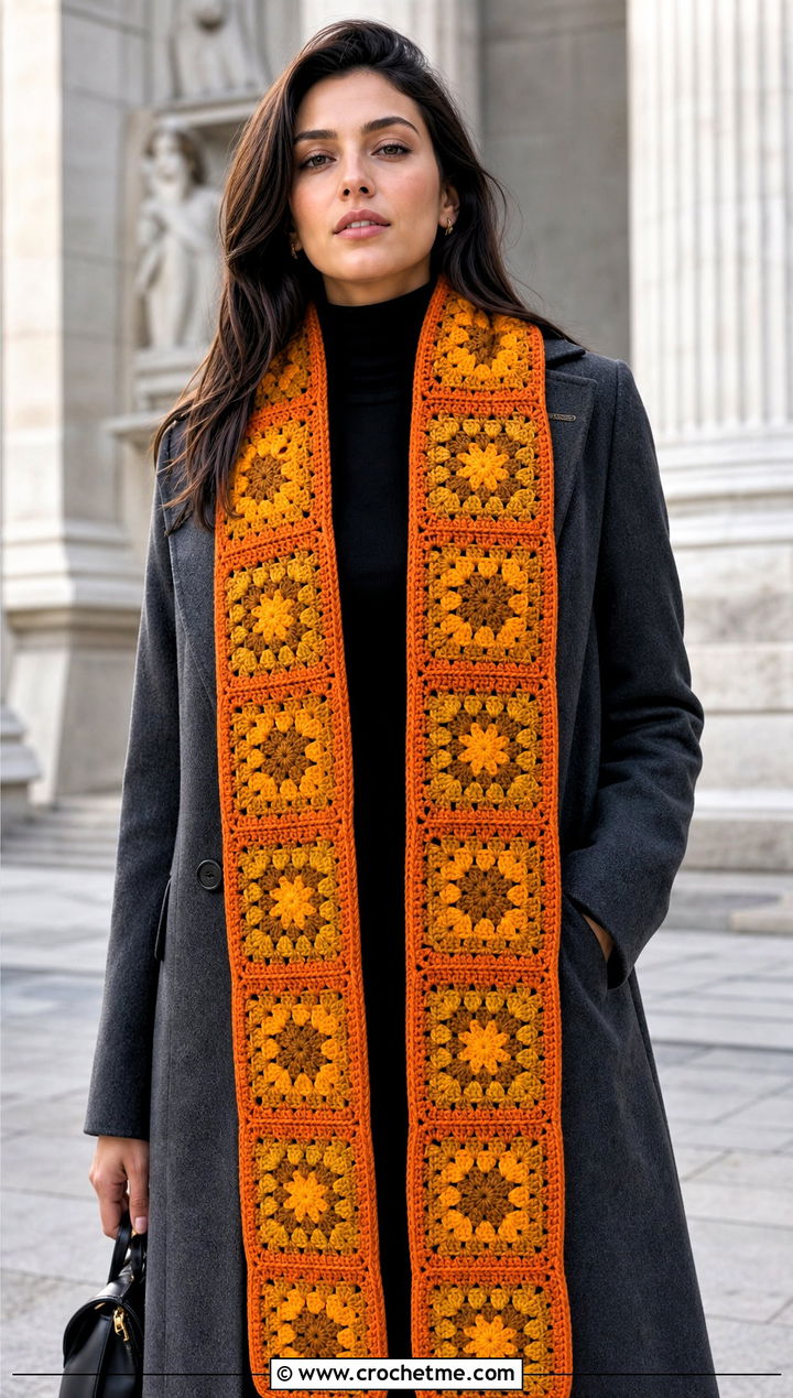 Longline Granny Square Scarf With Turtleneck And Maxi Coat - 30 crochet scarf squares outfit ideas