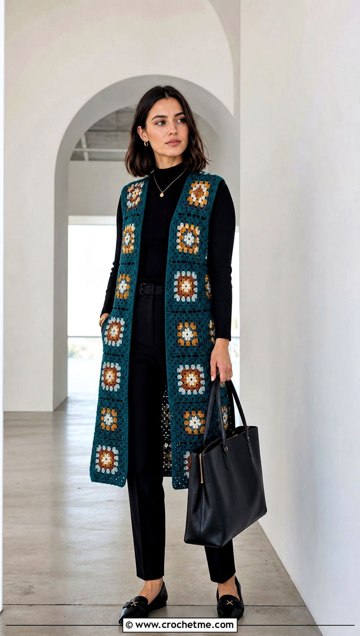 Longline Granny Square Sleeveless Cardigan With Black Trousers - 30 granny square sleeveless cardigan outfit ideas