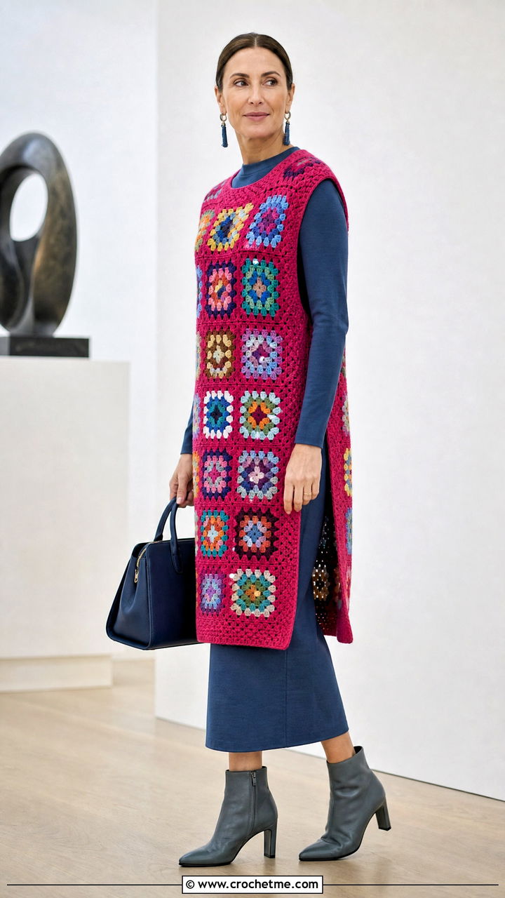 Longline Granny Square Sweater Vest With Column Dress - 35 granny square sweater vest outfit ideas