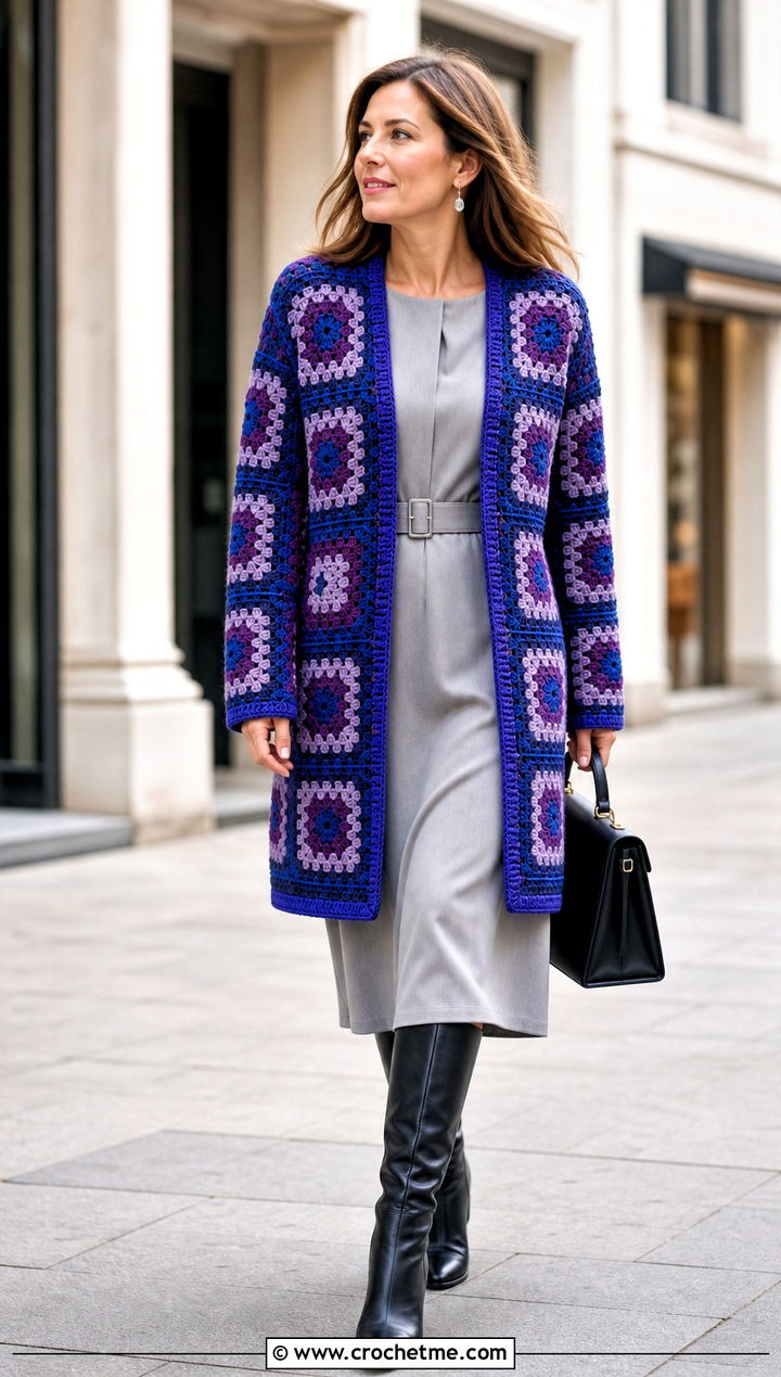 Longline Granny Square Sweater With Belted Dress - 25 Granny Squares Sweater outfit ideas