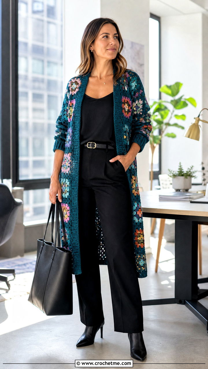Longline Granny Square Sweater With Belted Trousers - 35 4 Granny Square Sweater outfit ideas