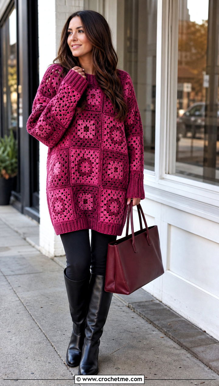 Longline Granny Square Sweater With Leggings And Riding Boots - 25 Fall Granny Square Sweater outfit ideas