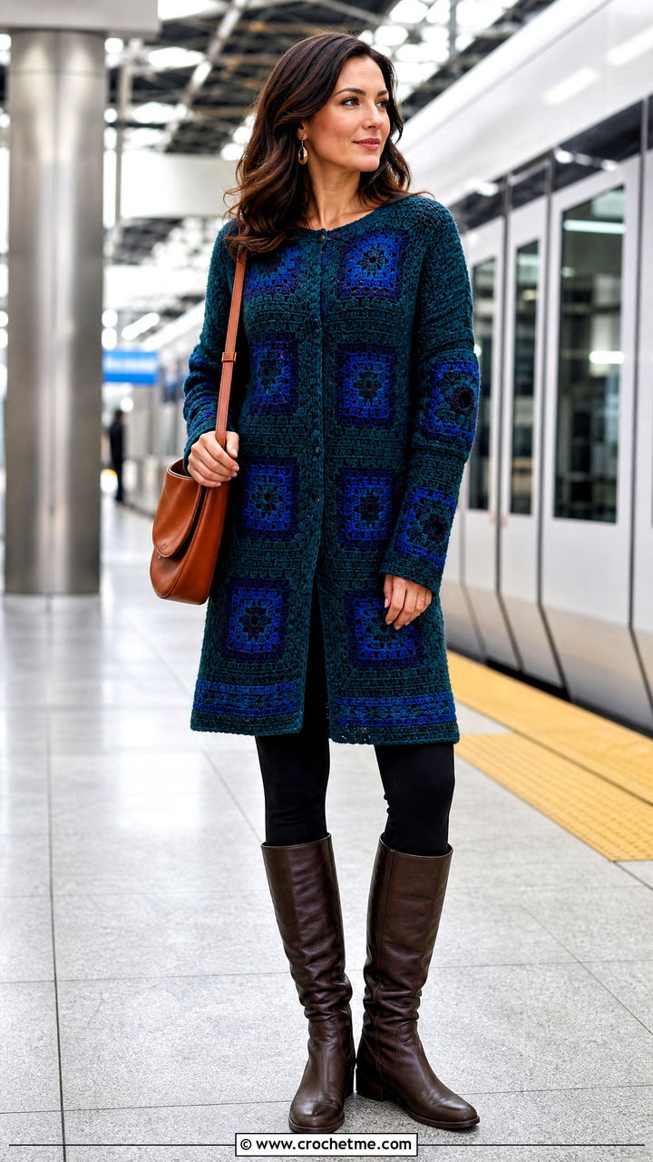 Longline Granny Square Sweater With Ponte Leggings - 35 crochet granny square sweater outfit ideas