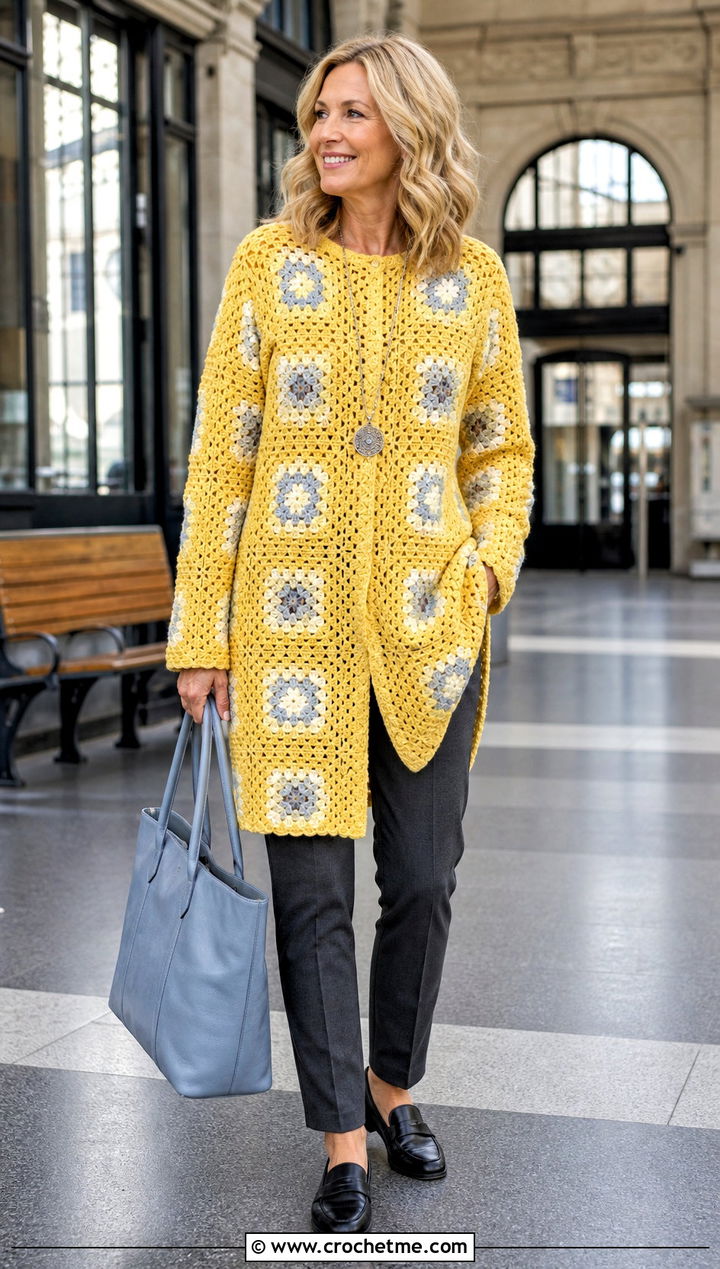 Longline Granny Square Sweater With Slim Ankle Pants - 25 Square Crochet Sweater outfit ideas