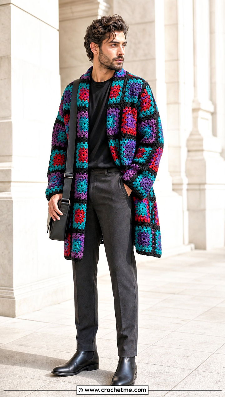 Longline Granny Square Sweater With Slim Trousers - 25 Crochet Granny Square Sweater For Men outfit ideas