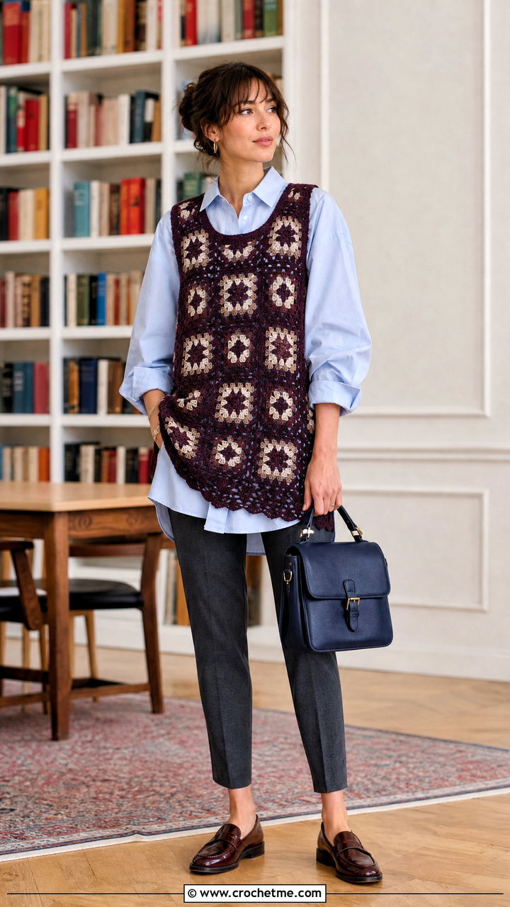 Longline Granny Square Tank Top Over A Poplin Shirt - 35 granny square tank top outfit ideas