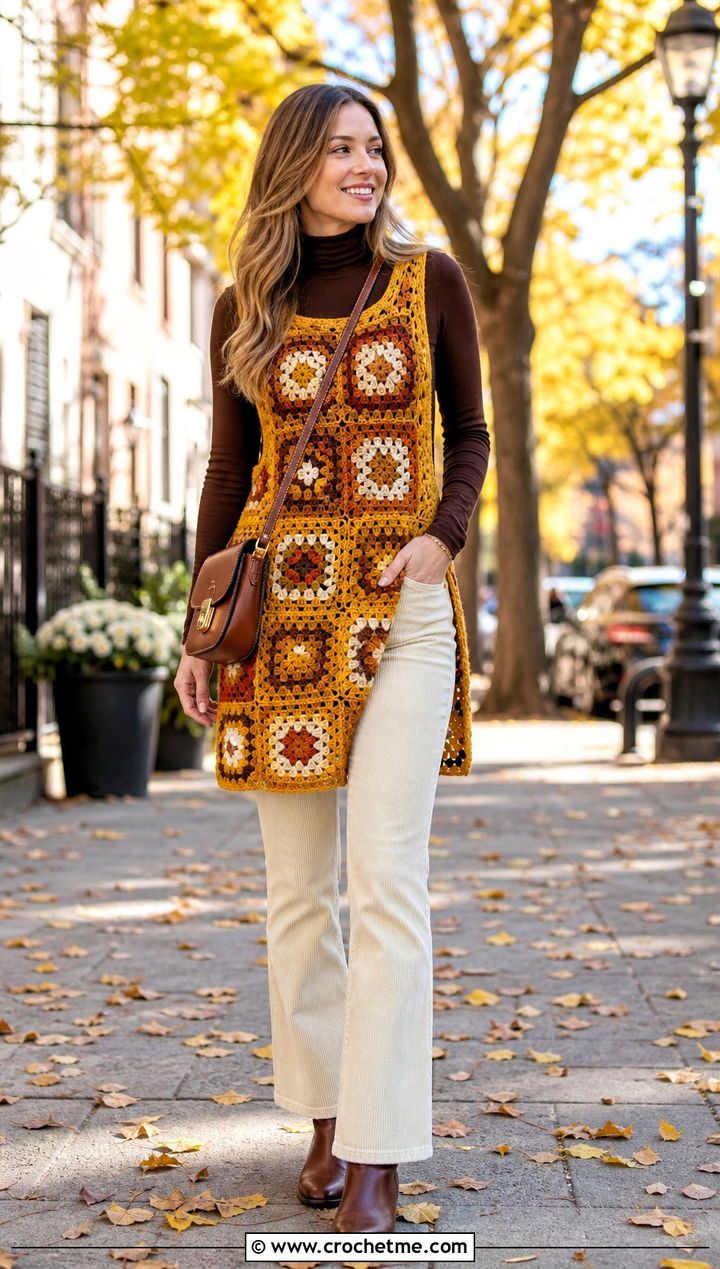 Longline Granny Square Tank Top Over A Turtleneck - 25 Crochet Granny Square Tank Top outfit ideas