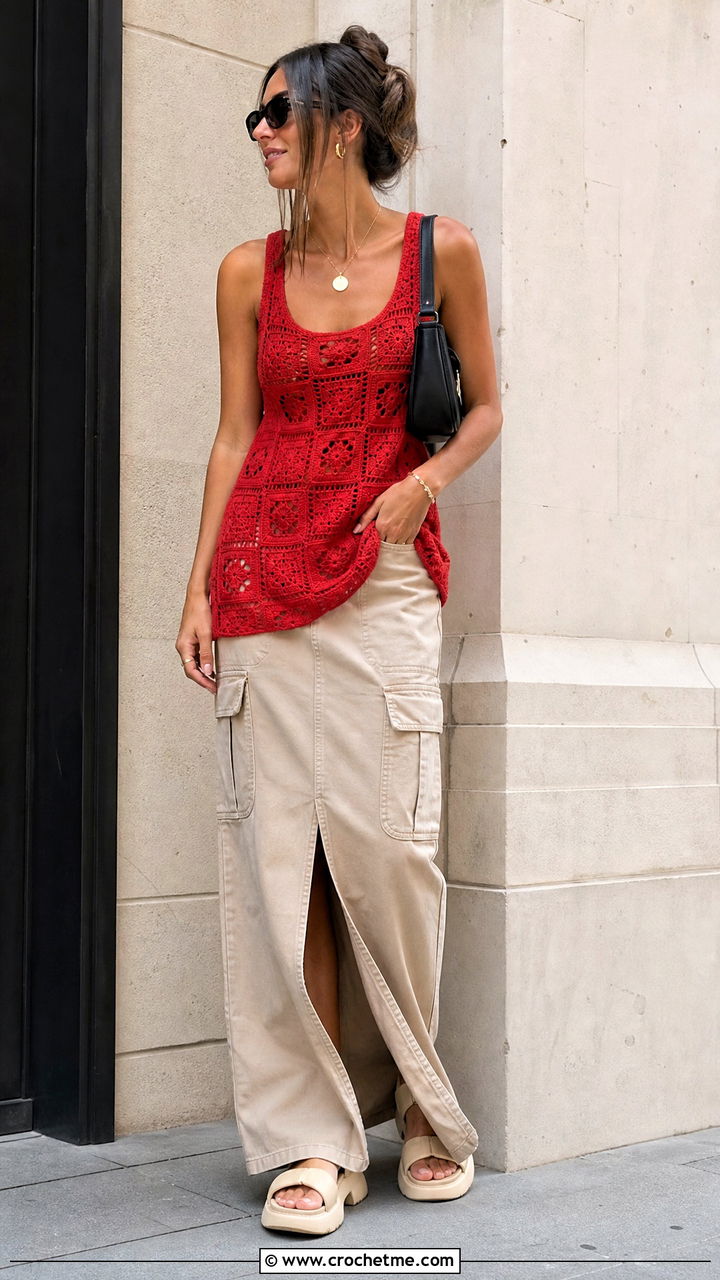Longline Granny Square Tank Top With Cargo Maxi Skirt - 35 granny square summer top outfit ideas