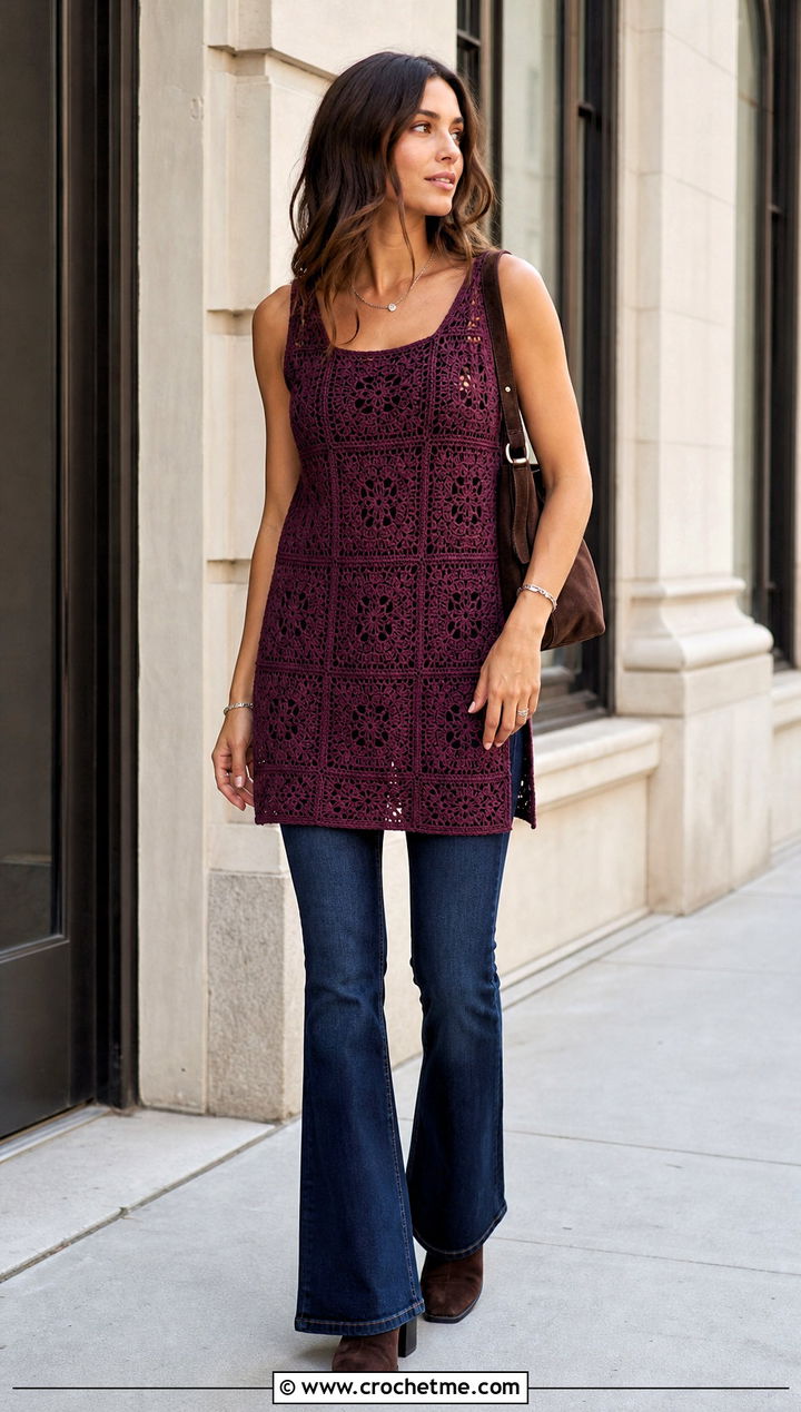 Longline Granny Square Tank Top With Flared Jeans - 25 crochet granny tank top outfit ideas