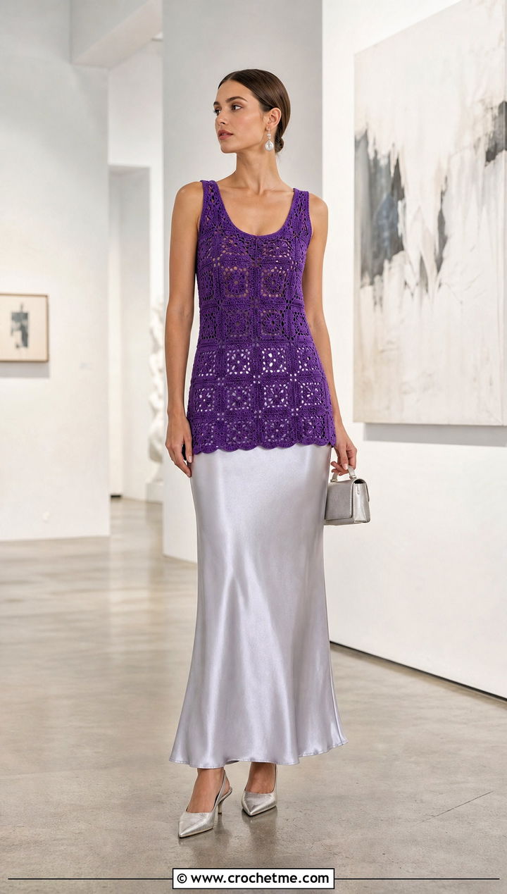 Longline Granny Square Tank Top With Satin Maxi Skirt - 25 Crochet Granny Square Tank Top outfit ideas