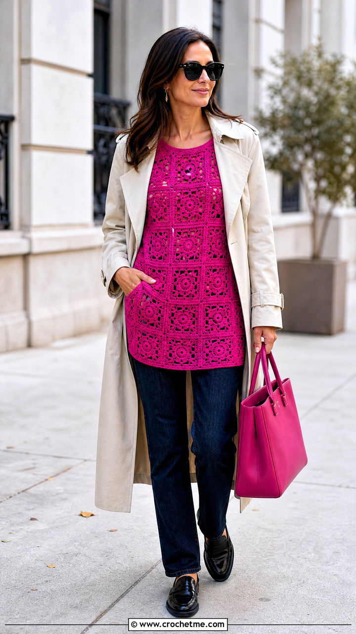 Longline Granny Square Tank Top With Trench Coat - 35 granny square tank top outfit ideas