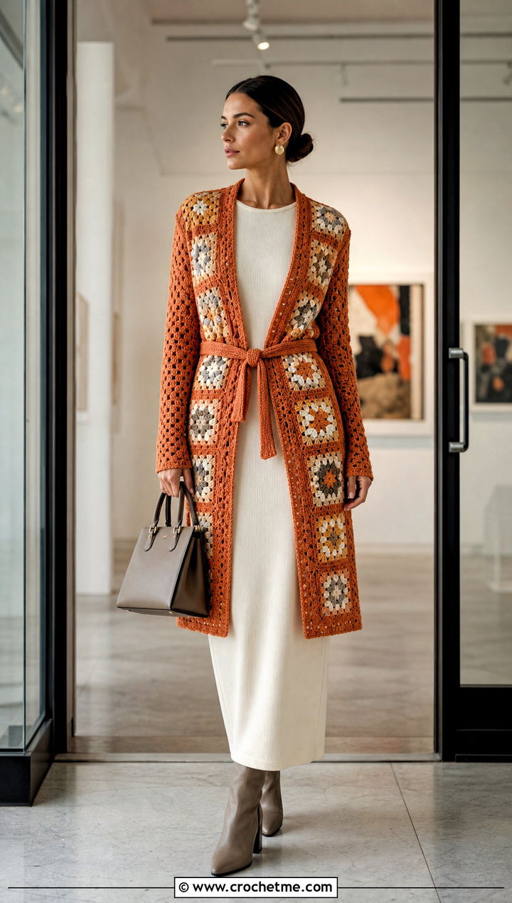 Longline Granny Square Tie Cardigan With Column Dress - 25 Granny Square Tie Cardigan outfit ideas