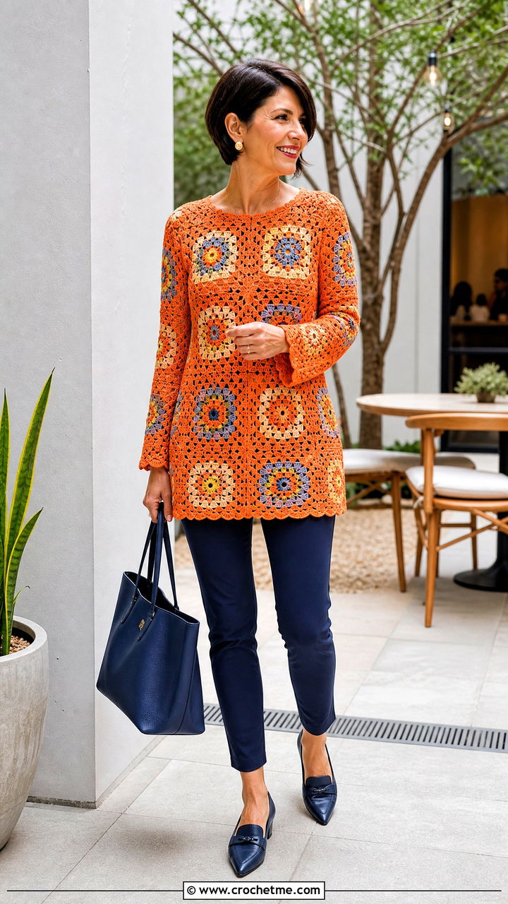 Longline Granny Square Top With Slim Ankle Pants - 35 crochet granny square top outfit ideas