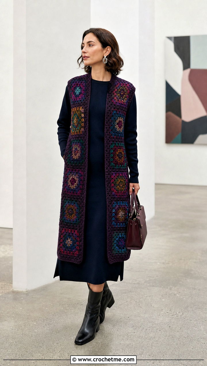 Longline Granny Square Vest With Column Dress - 25 Granny Squares Vest outfit ideas