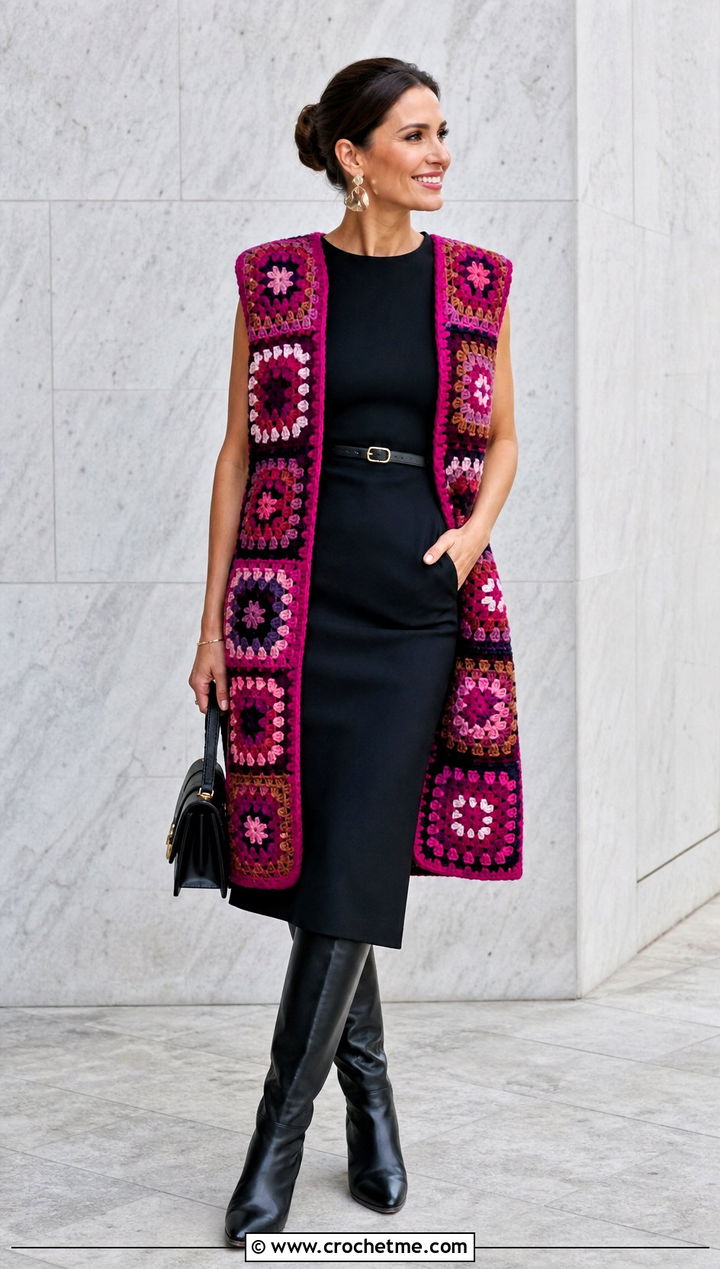 Longline Granny Square Waistcoat With Column Dress - 25 crochet granny square waistcoat outfit ideas