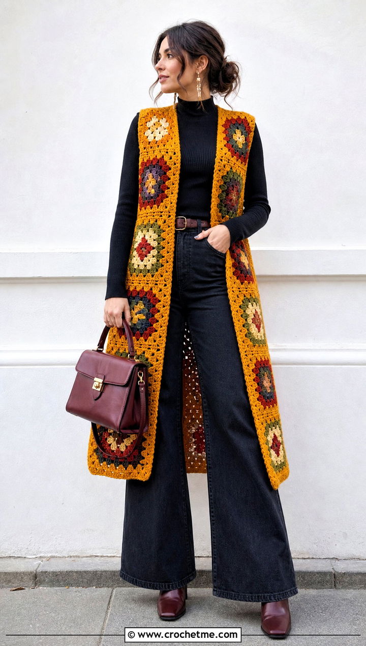 Longline Granny Square Waistcoat With Wide Leg Jeans - 25 crochet granny square waistcoat outfit ideas