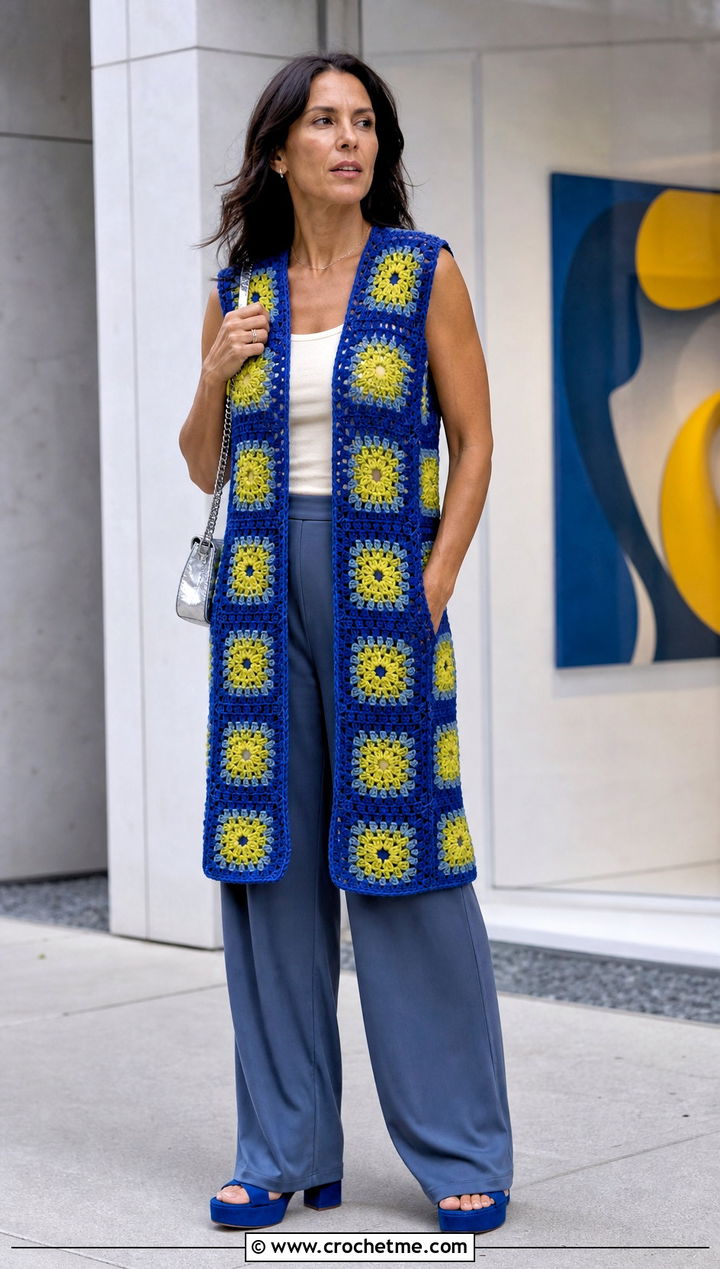 Longline Granny Square Waistcoat With Wide Leg Pants - 35 granny square waistcoat outfit ideas