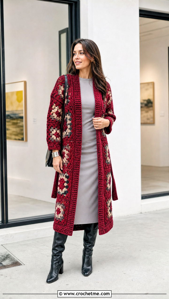 Longline Granny Square Wrap Cardigan With Column Dress - 30 granny square wrap outfit ideas