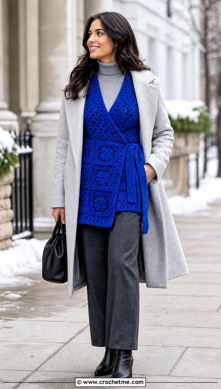 Longline Granny Square Wrap Top With Wool Coat And Trousers - 35 granny square wrap top outfit ideas