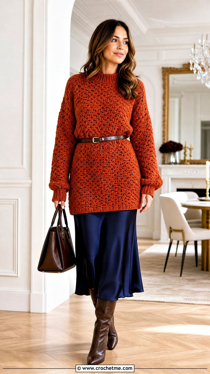 Longline Granny Stitch Sweater With Satin Midi Skirt - 35 crochet granny stitch sweater outfit ideas
