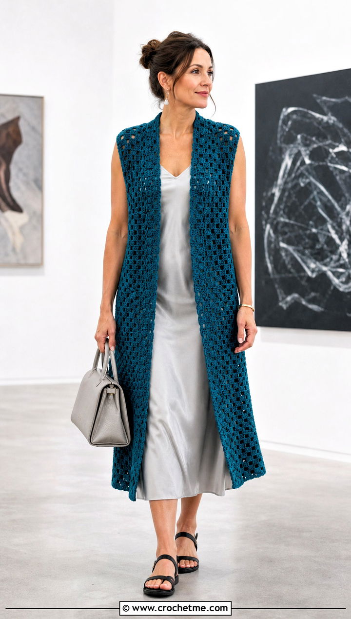 Longline Granny Stripe Crochet Vest With Slip Dress - 15 granny stripe crochet vest outfit ideas