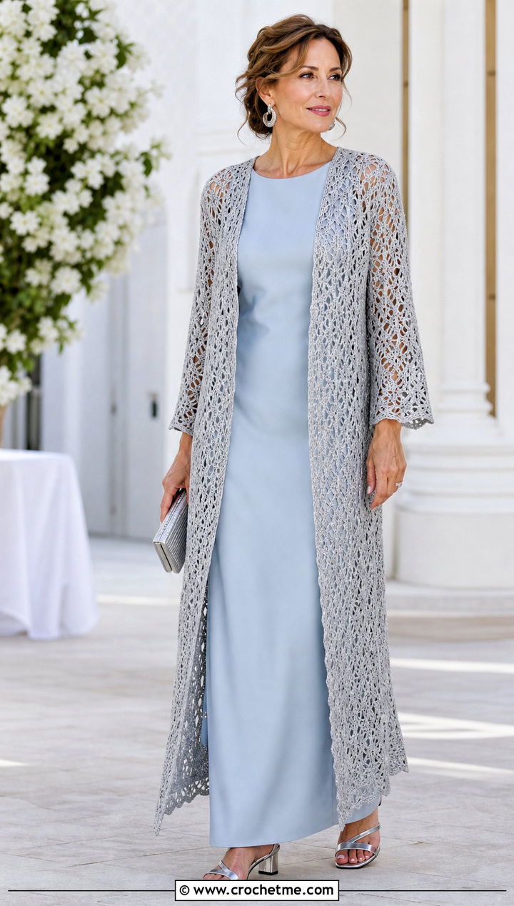 Longline Gray Crochet Cardigan With Column Dress - 15 Gray Crochet Cardigan outfit ideas