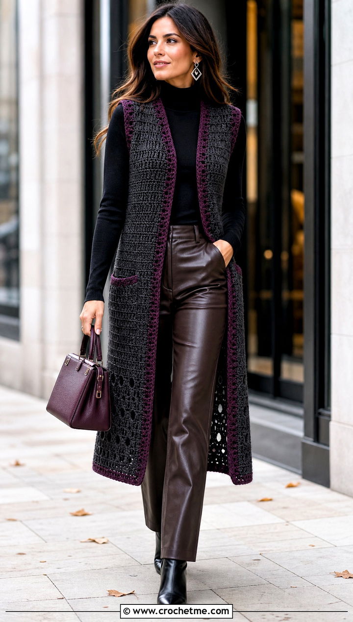 Longline Gray Crochet Vest With Leather Pants - 15 gray crochet vest outfit ideas