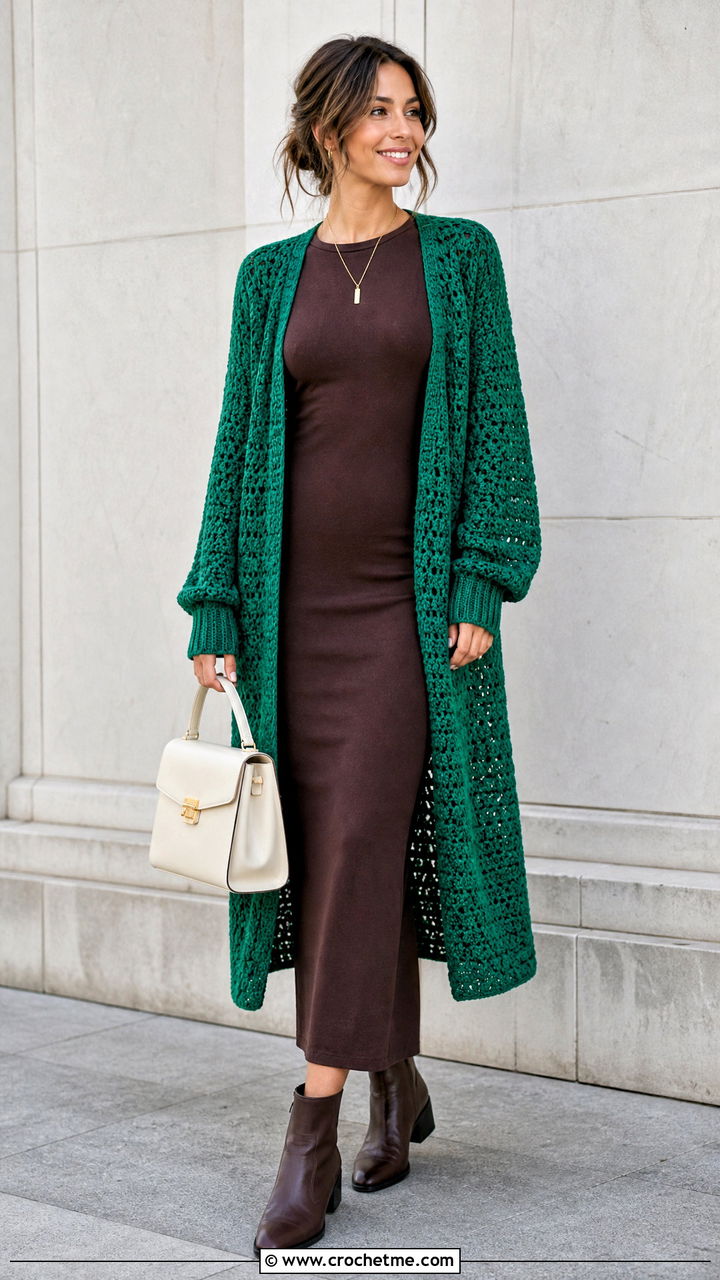 Longline Green Crochet Cardigan With a Column Dress - 35 green crochet cardigan outfit ideas