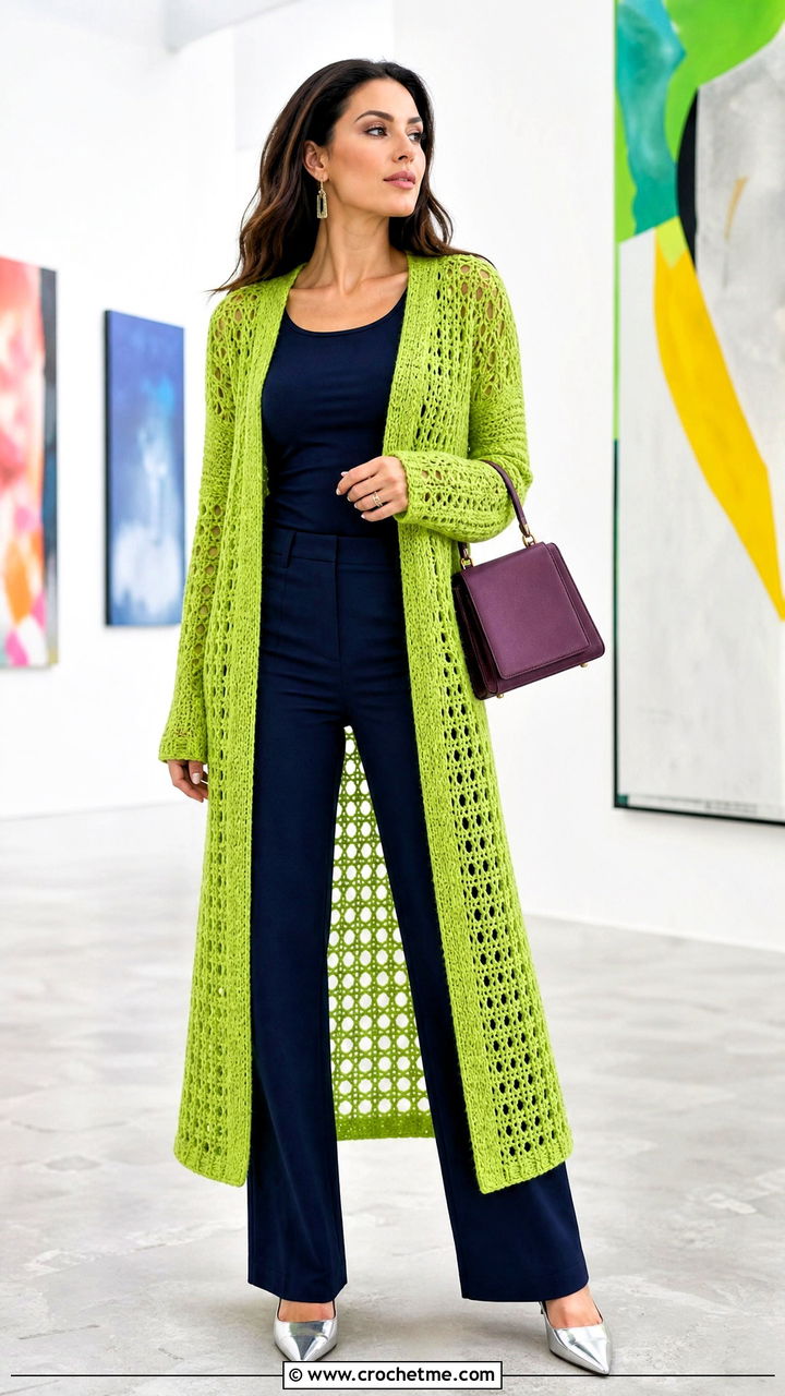 Longline Green Crochet Duster Sweater With Monochrome Outfit - 35 green crochet sweater outfit ideas