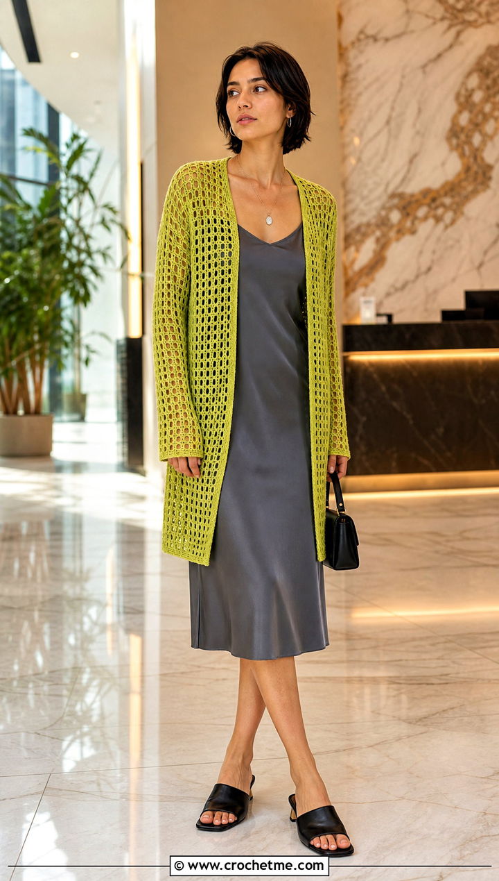 Longline Grid Crochet Sweater With Slip Dress - 15 Grid Crochet Sweater outfit ideas