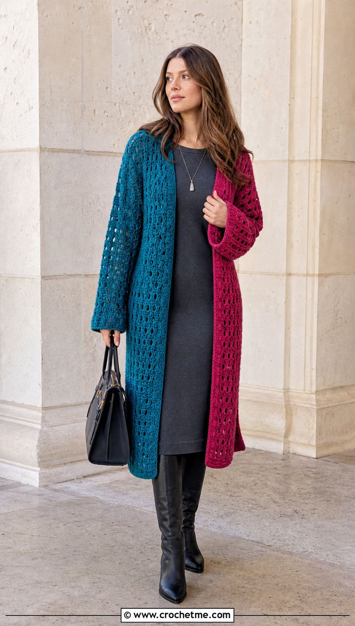 Longline Half And Half Crochet Cardigan With Column Dress - 20 Half And Half Crochet Cardigan outfit ideas