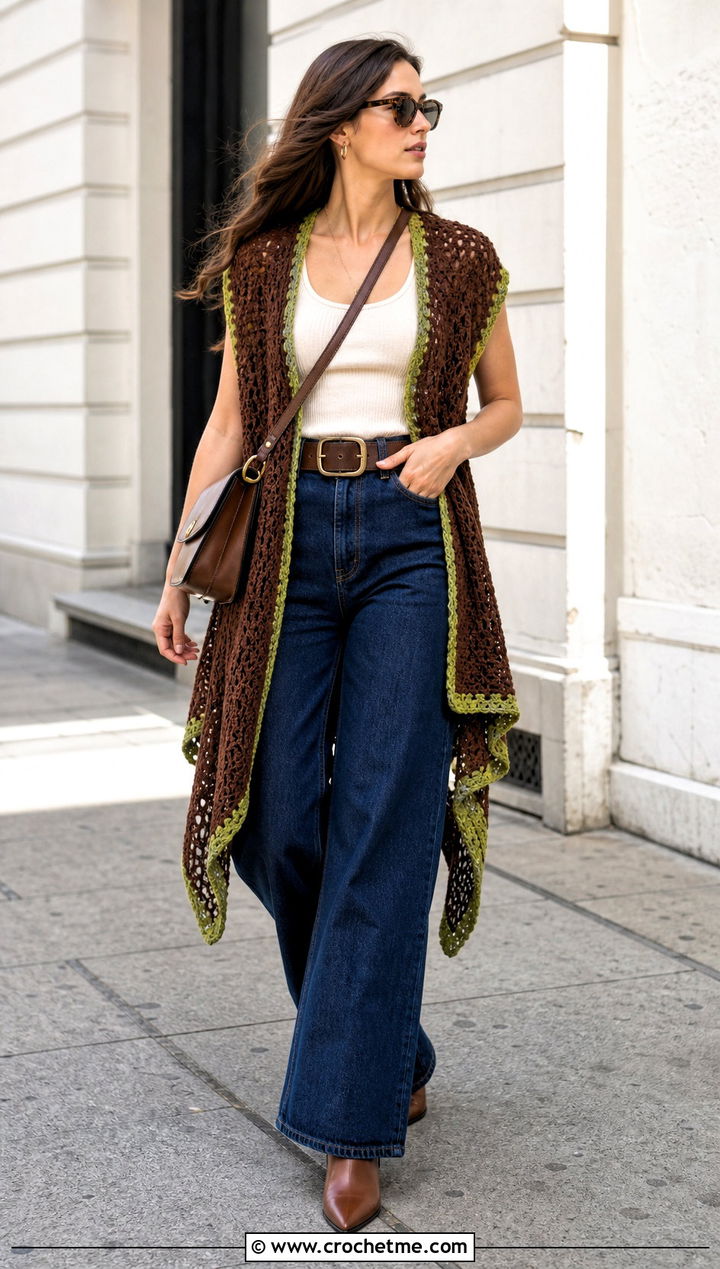 Longline Handkerchief Crochet Vest With Wide Leg Jeans - 15 brown crochet vest outfit ideas