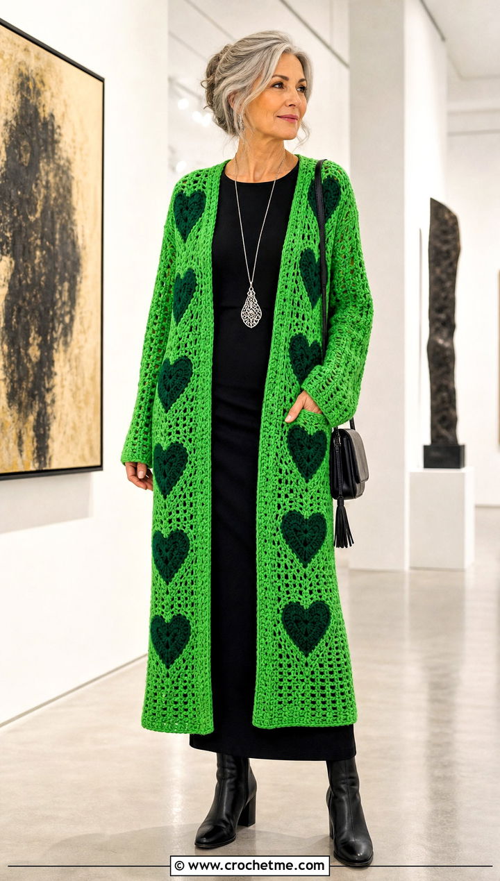 Longline Heart Cardigan With Column Dress - 35 crochet heart cardigan outfit ideas