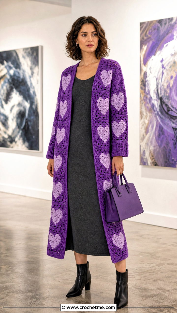 Longline Heart Granny Square Cardigan With Column Dress - 35 Heart Granny Square Cardigan outfit ideas