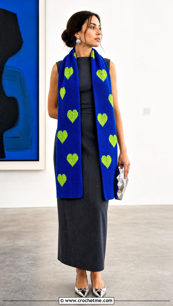 Longline Heart Scarf With Column Dress - 25 crochet heart scarf outfit ideas