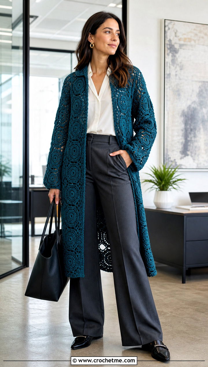 Longline Hex Crochet Cardigan With Tailored Trousers - 35 hex crochet cardigan outfit ideas
