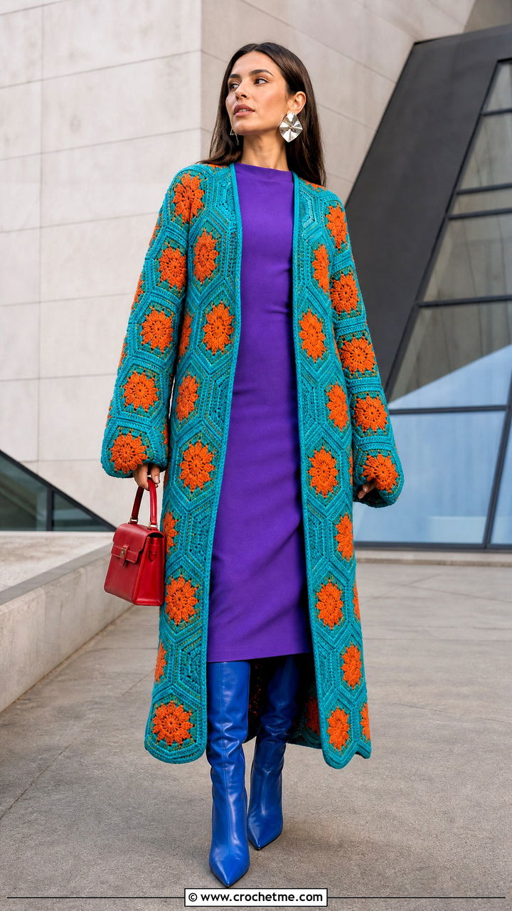Longline Hexagon Cardigan With Column Dress - 35 crochet hexagon cardigan outfit ideas