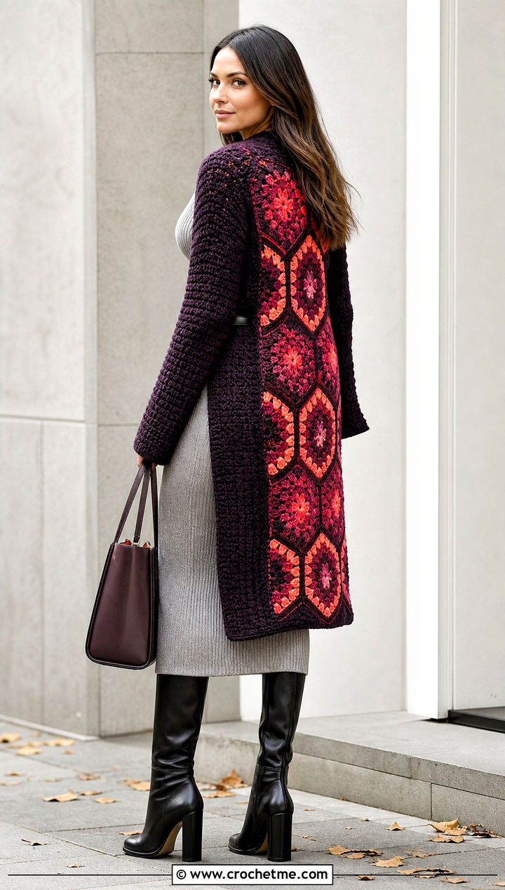 Longline Hexagon Cardigan With Granny Square Back And Knit Dress - 20 Hexagon Cardigan With Granny Square Back outfit ideas