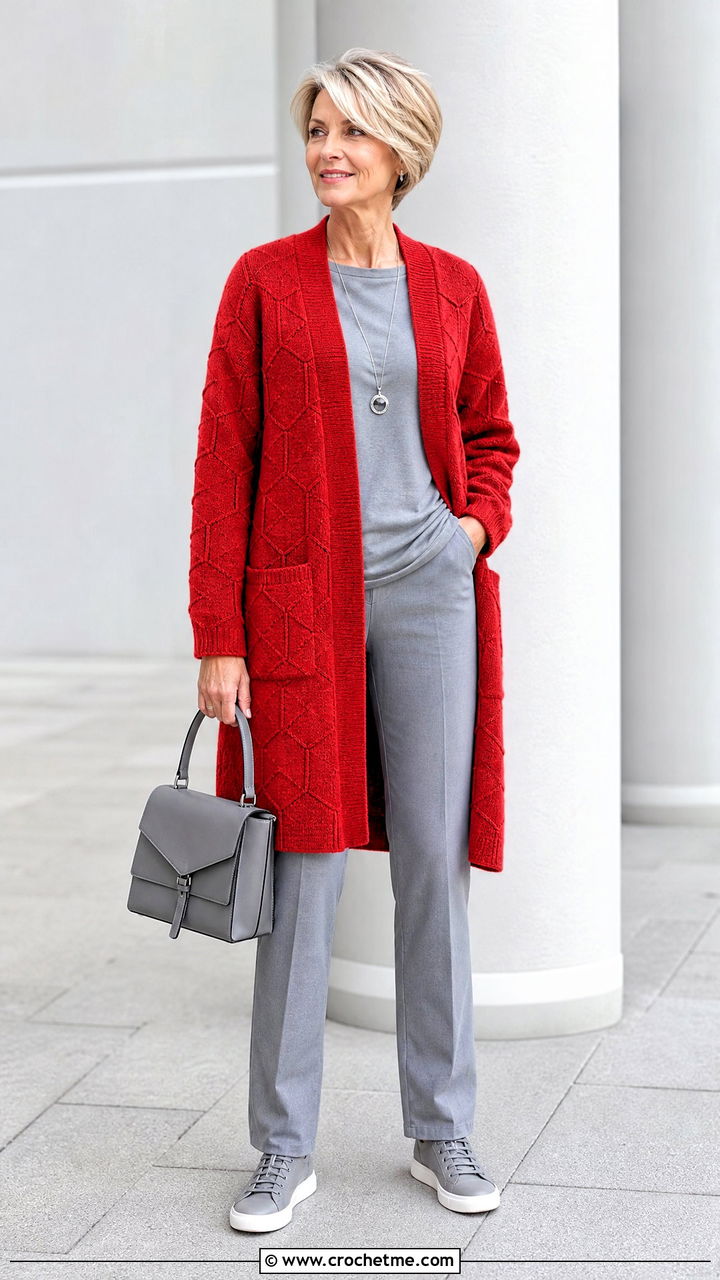 Longline Hexagon Cardigan With Monochrome Basics - 35 crochet hexagon sweater outfit ideas
