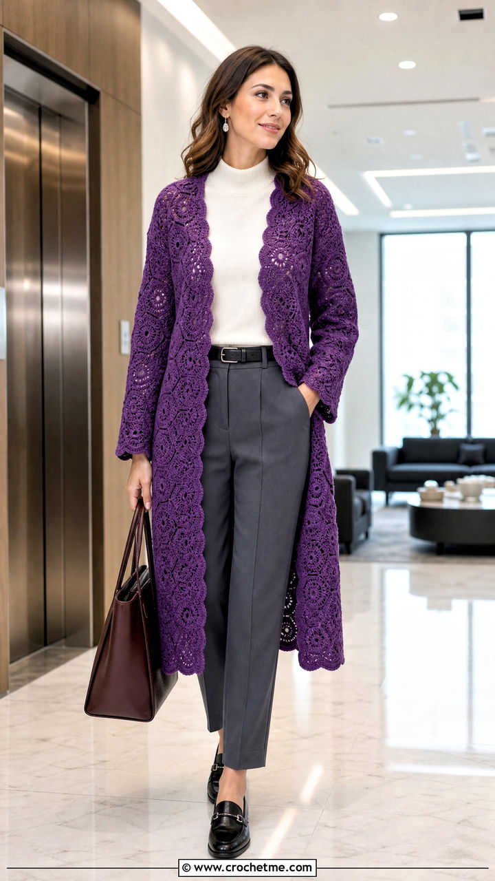 Longline Hexagon Crochet Cardigan With Tailored Trousers - 35 hexagon crochet cardigan outfit ideas